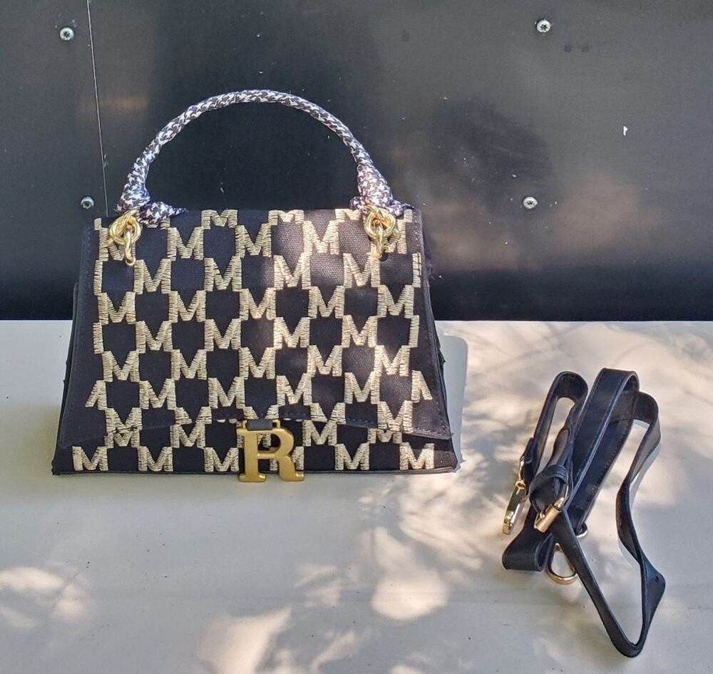 Womens Handbag Satchel Monogram Pattern R Hardware Navy Gold Scarf Detachable